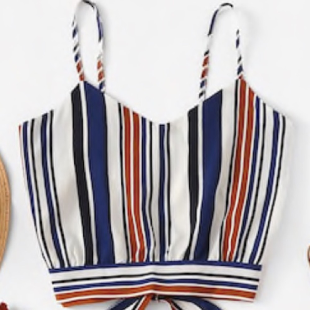 Striped Split Self Tie Back Crop Top Romper
